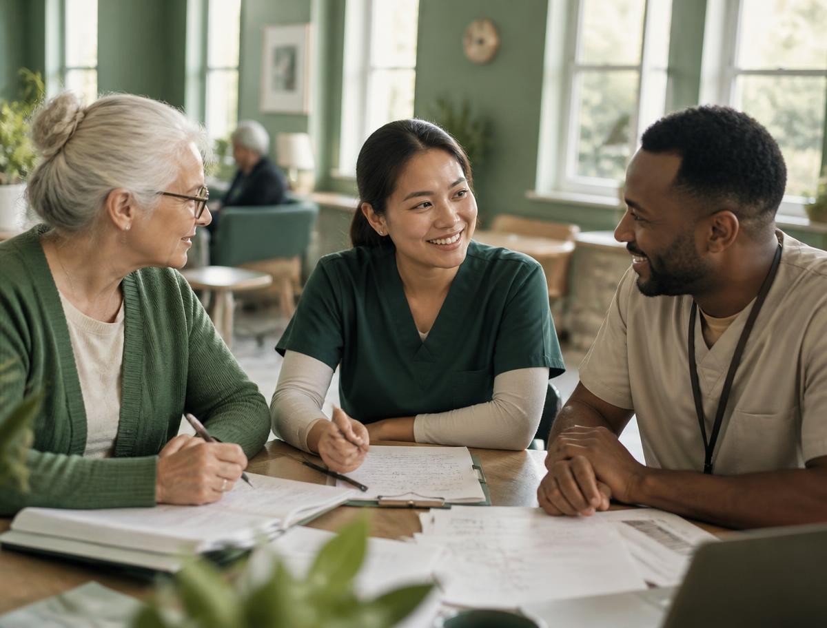 A resident, a nurse and a community health worker planning together around a table